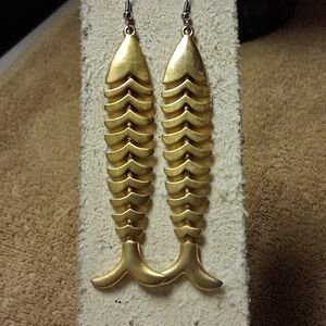 Gold Tone Articulated Fishbone Dangle Earrings